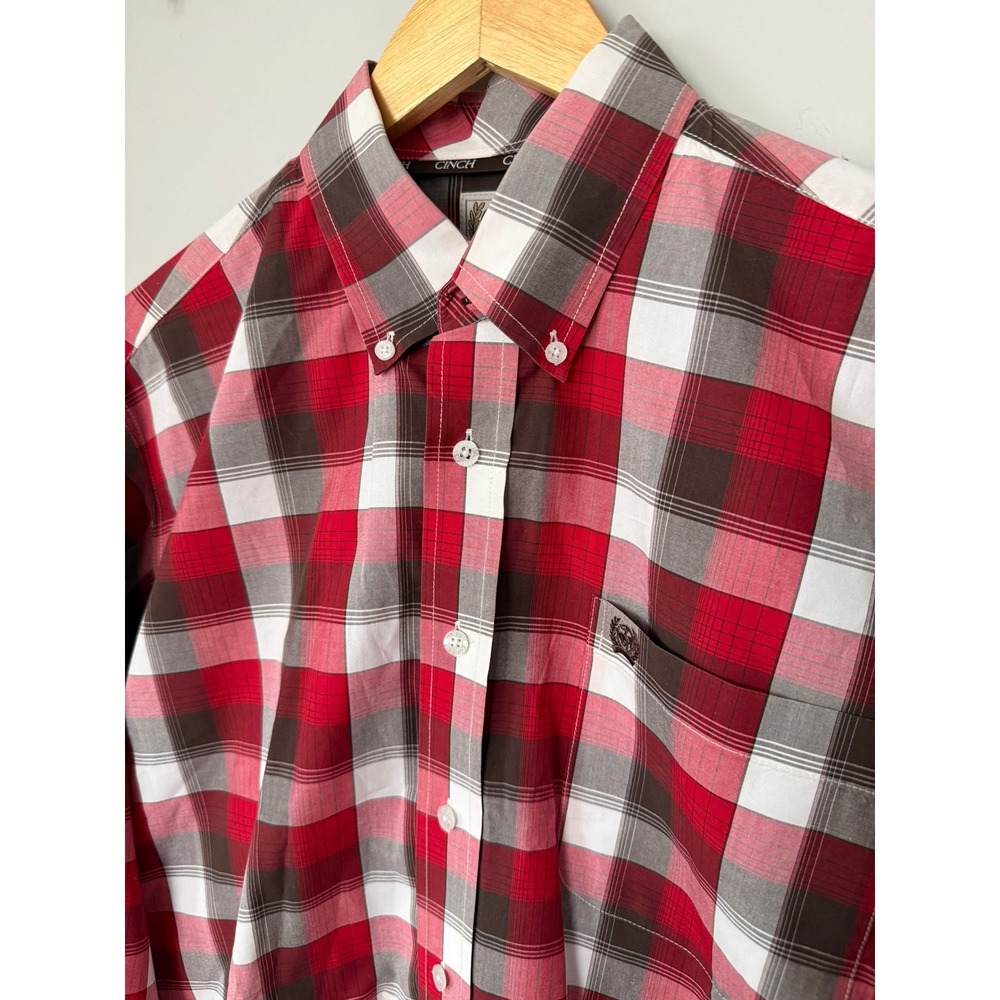 Cinch‎ Mens Plaid Button Down Long Sleeve Shirt Red Brown White Size Medium